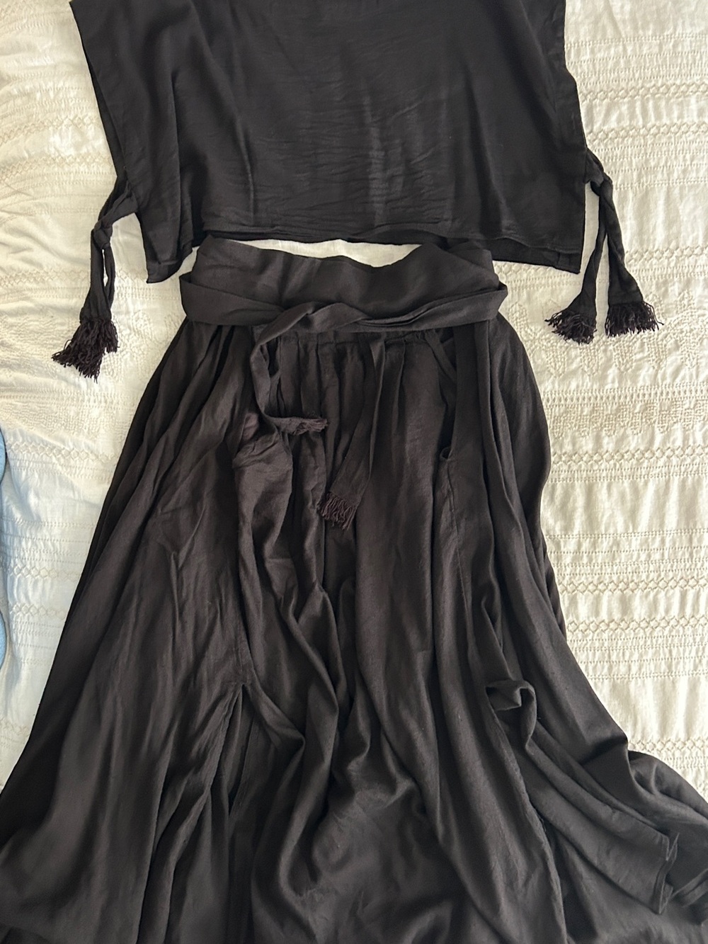 Free People Black Flowing Maxi Skirt Ser with Tassel Tie